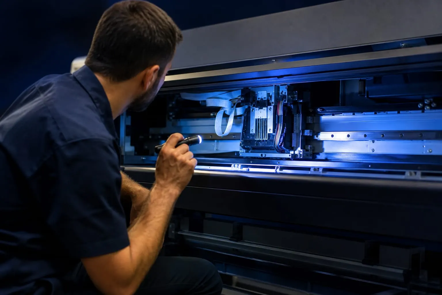 A service engineer inspecting a printer carriage and linear guide rail